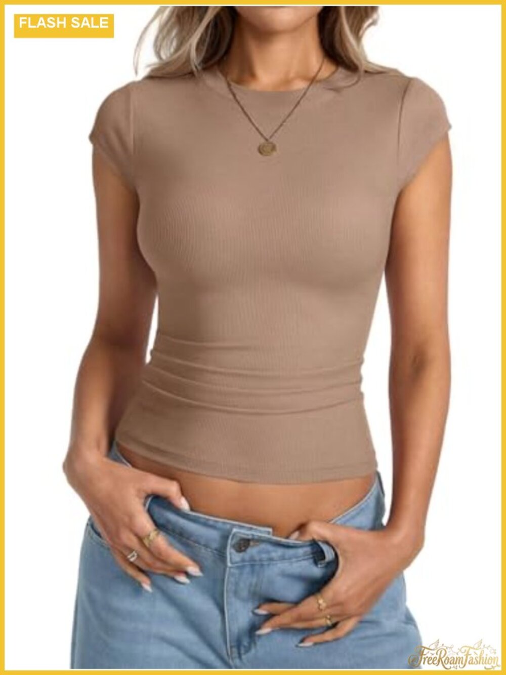 Women's Ribbed Cap Sleeve Tee Crew Neck Fitted Cotton Stretch Top